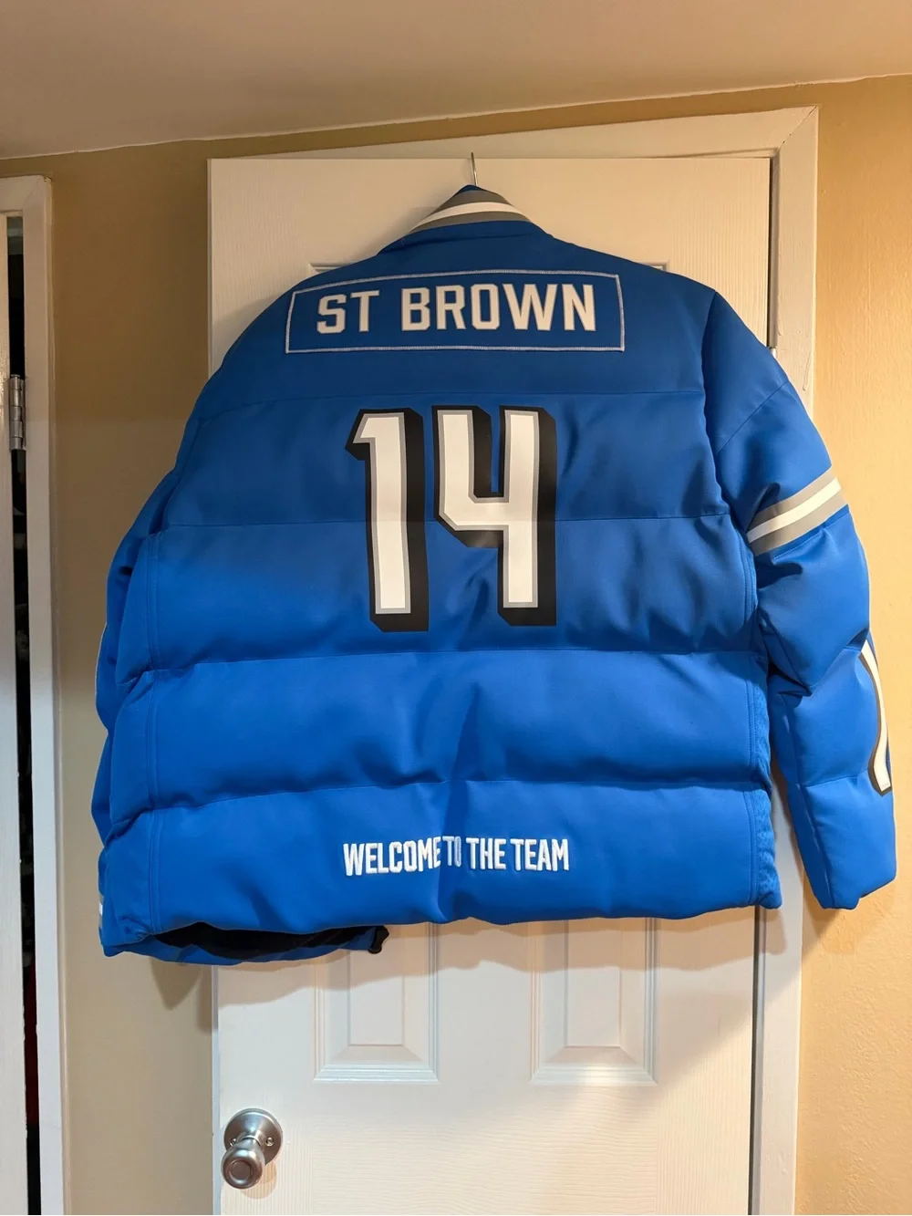 Brand New Off Season Detroit Lions Blue Number 14 Puffer Jacket